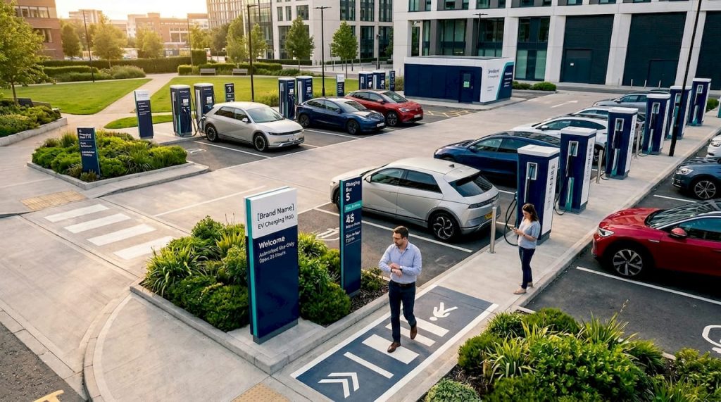 EV charging station with clear signage and cars charging