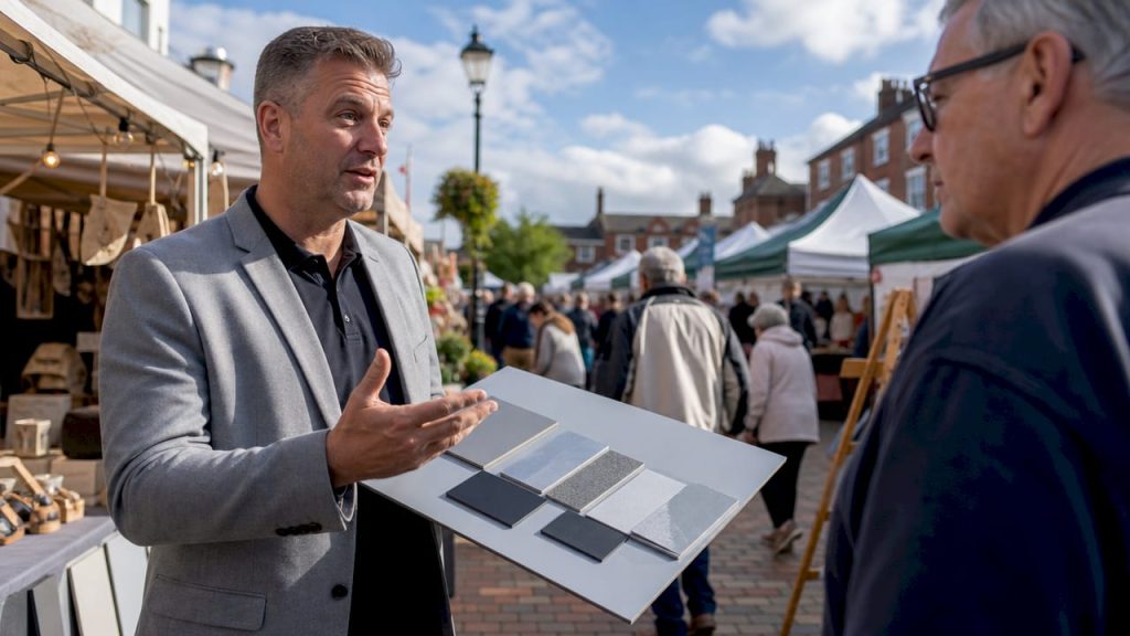 Consultant reviewing outdoor sign materials