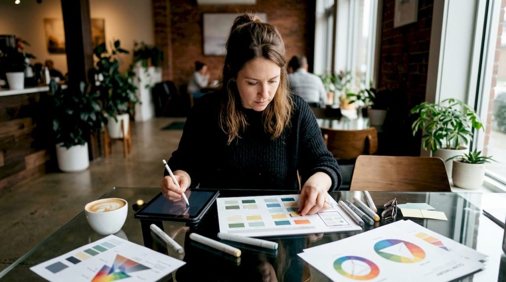 Consultant studying signage color samples