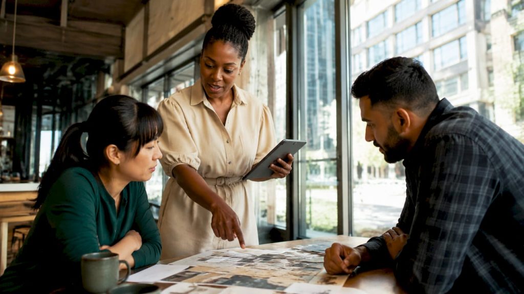 Team discussing office branding mood board