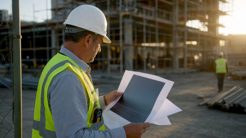 Project manager reviewing entrance sign layout at site