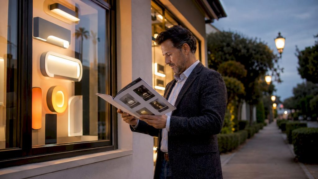 Business owner reviewing illuminated sign options outside store