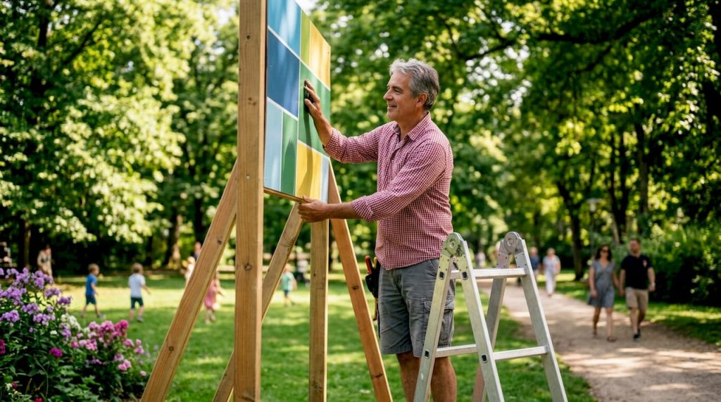 Business owner adjusting storefront sign outdoors