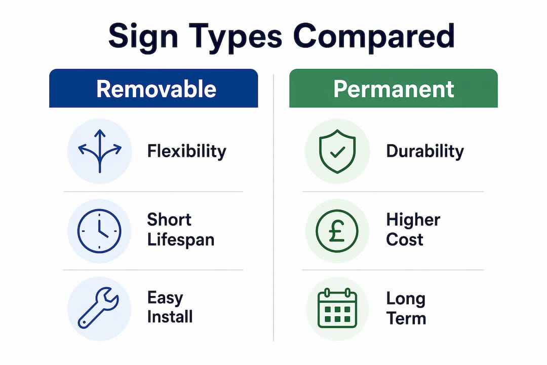 Infographic comparing removable and permanent sign features