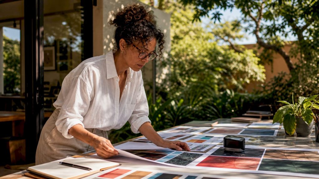 Graphic designer reviewing print resolution samples