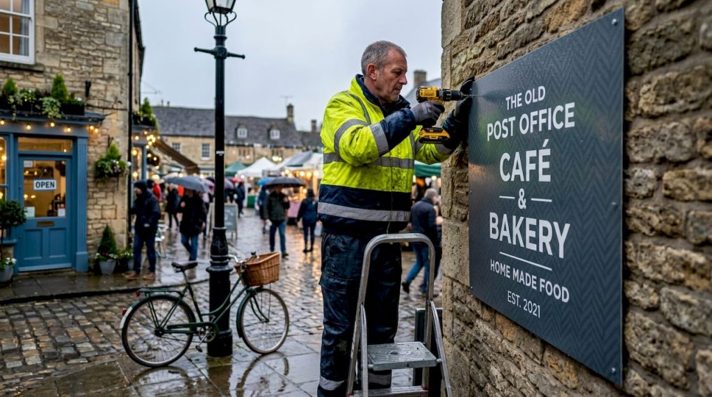 Worker installing weatherproof outdoor sign on UK storefront