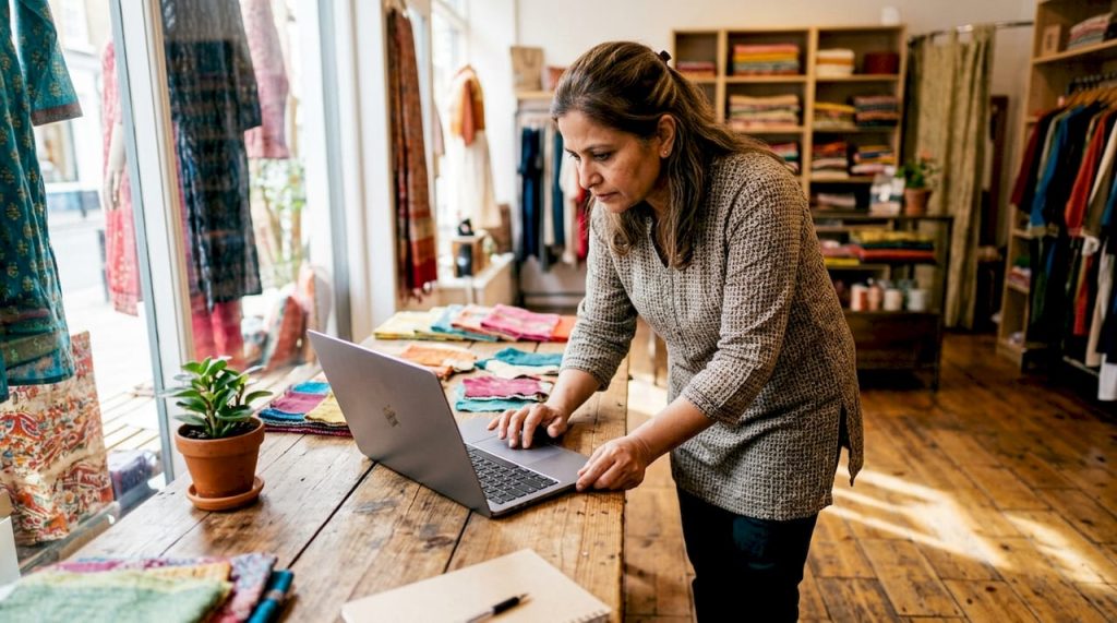 Shop owner updating local SEO profile on laptop