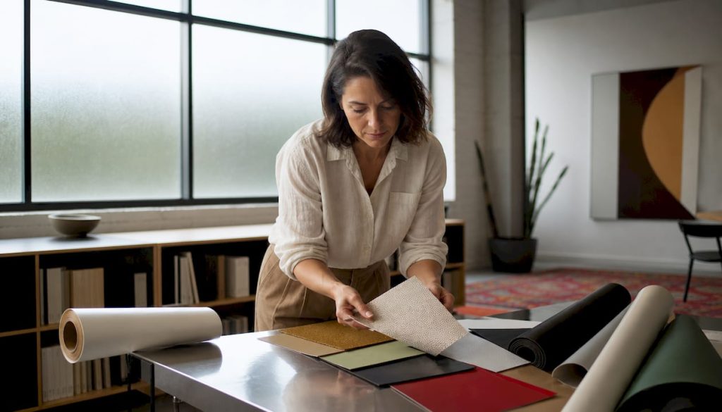 Woman inspecting flexible sign materials on table