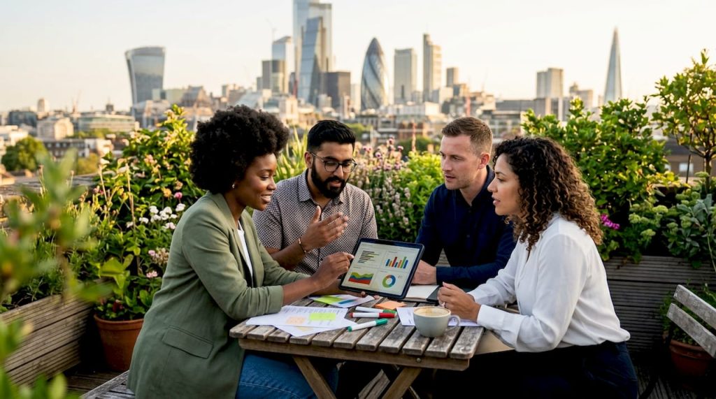 Marketing team discussing brand awareness strategy
