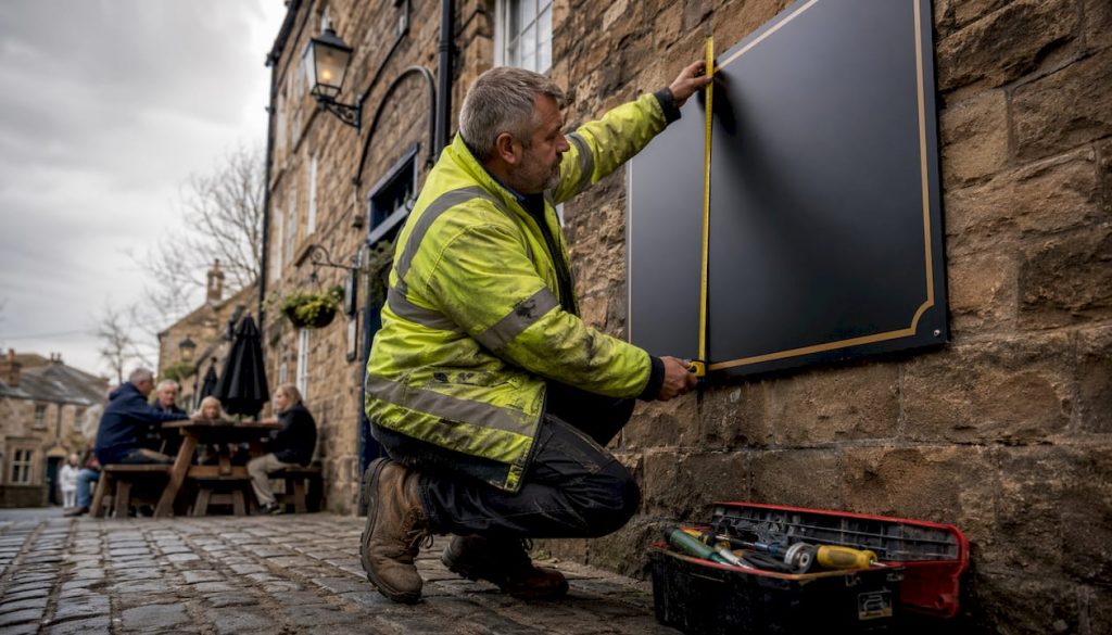 Sign installer inspecting outdoor aluminium business sign