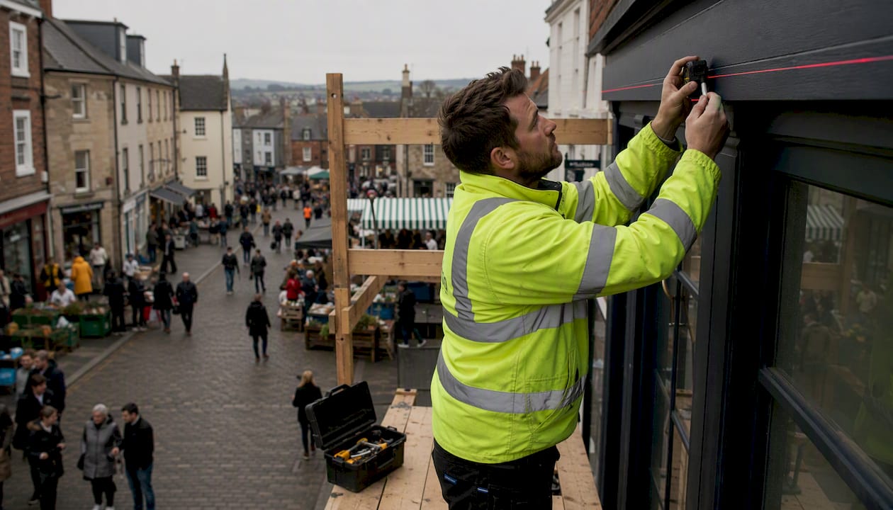 Installer measuring shop fascia for signage placement