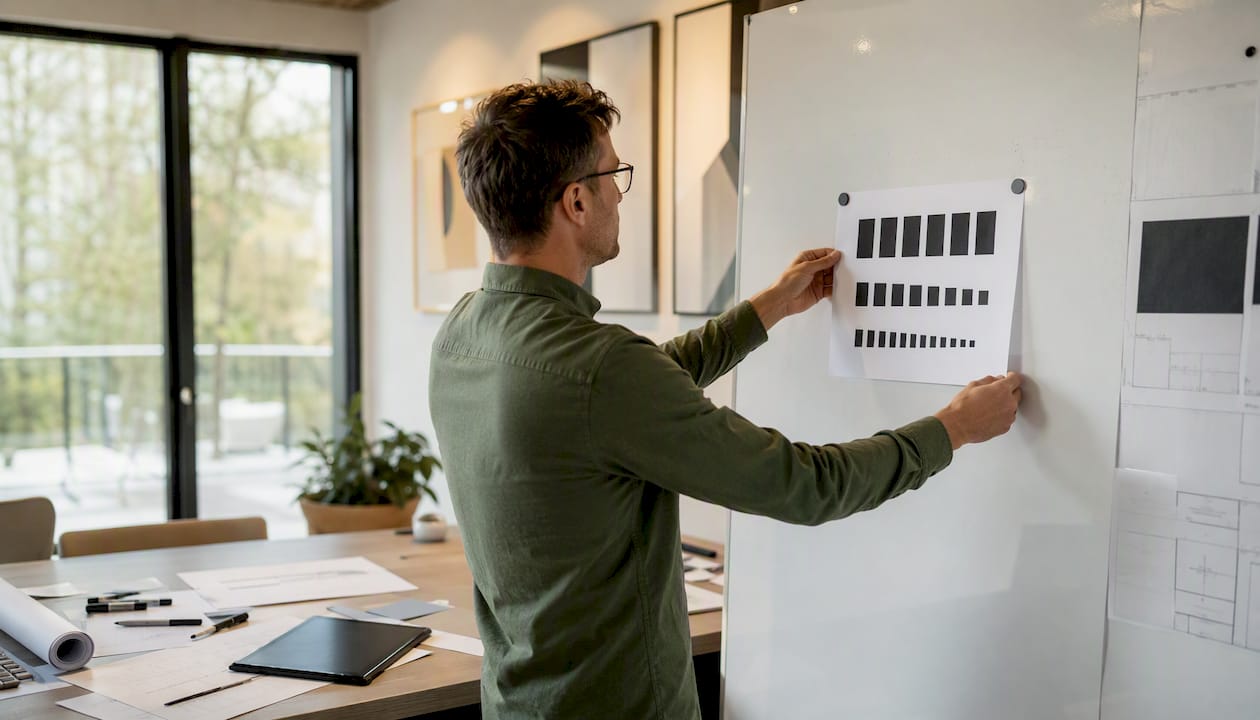 Hands pinning printed sign for legibility testing