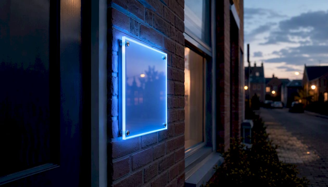 Glowing illuminated acrylic sign panel at dusk
