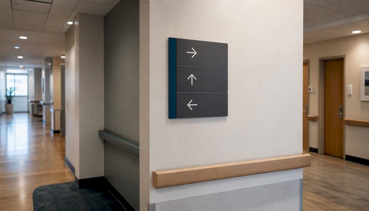 Hospital corridor with directional signage
