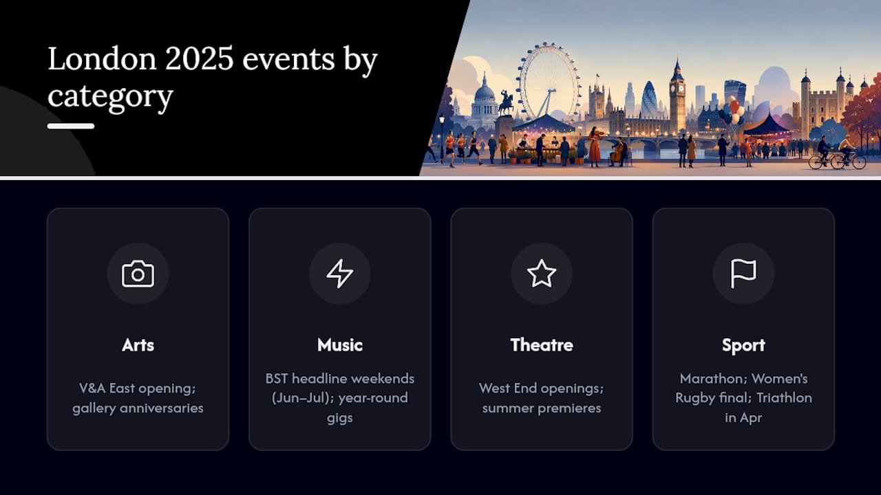 Diagram categorizing London 2025 events by type