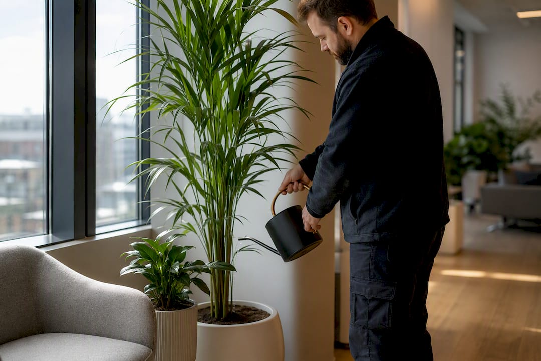 Office worker watering plants beside window